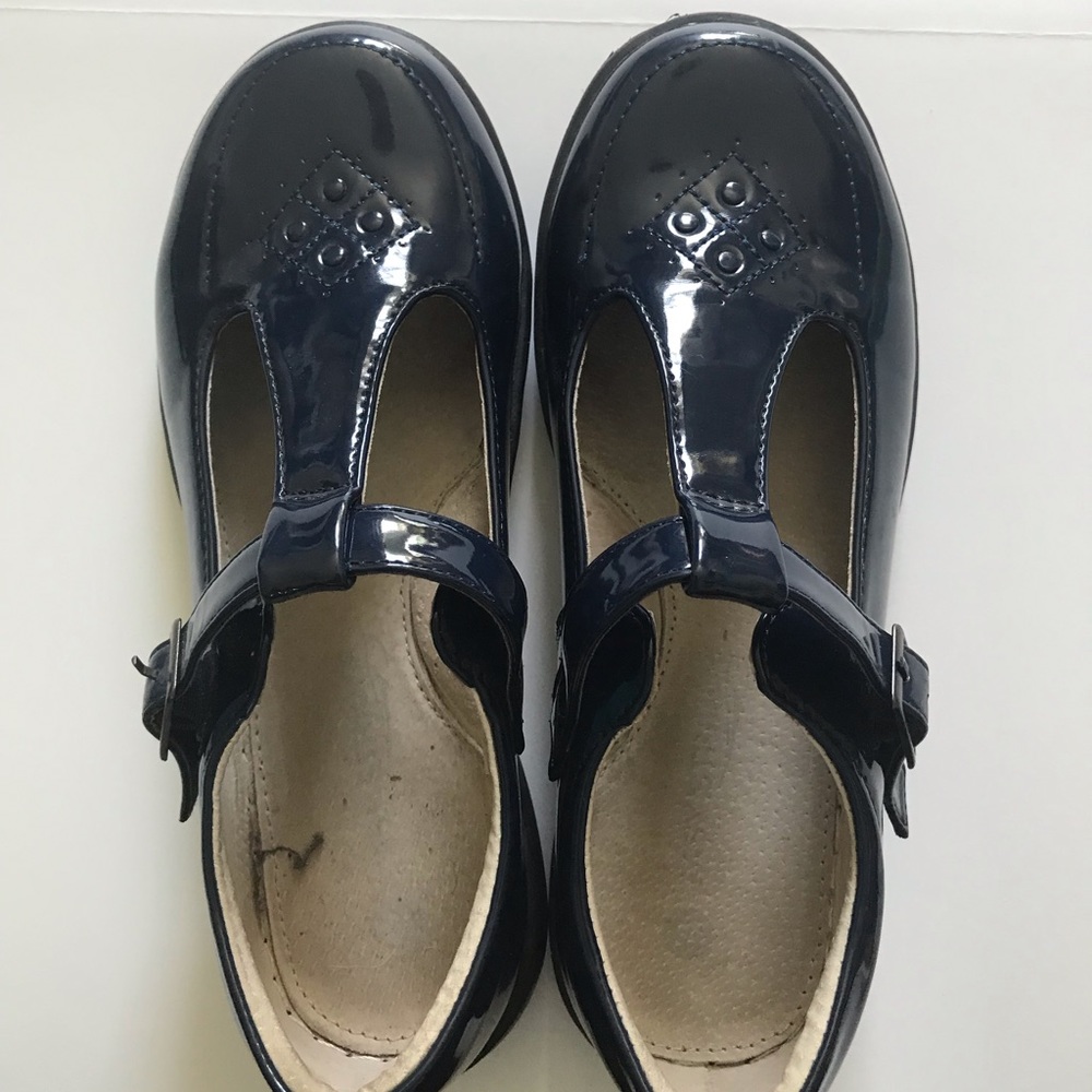 Blue patent t-strap party shoes